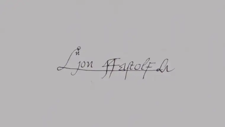 Copia del siglo XIX de la firma de sir John Fastolf, The National Archives, PRO 31/8/135 (10). Contiene información del sector público con licencia Open Government Licence v3.0. Vía Wikimedia Commons. Imagen ampliada sobre fondo de papel.