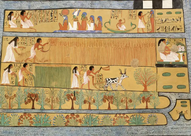 Charles K. Wilkinson, facsímil (1922) de la pintura de la tumba de Sennedjem (TT 1), Deir el-Medina. Metropolitan Museum of Art, 30.4.2, Rogers Fund 1930. CC0. Cropped.